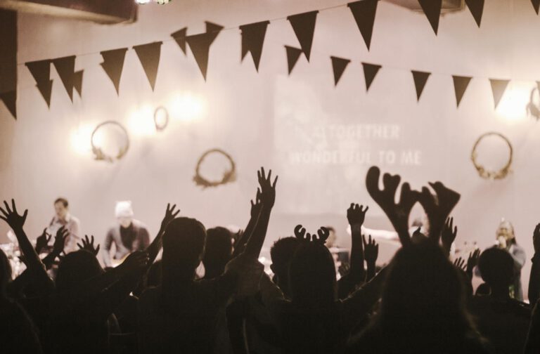 Vibrant concert scene with a cheering crowd and musicians on stage, featuring lively lights and festive decor.
